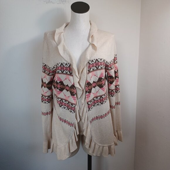 Pendleton Cardigan Ruffle Waterfall Style Cotton Aztec Neutral Print Women Large - Picture 6 of 15